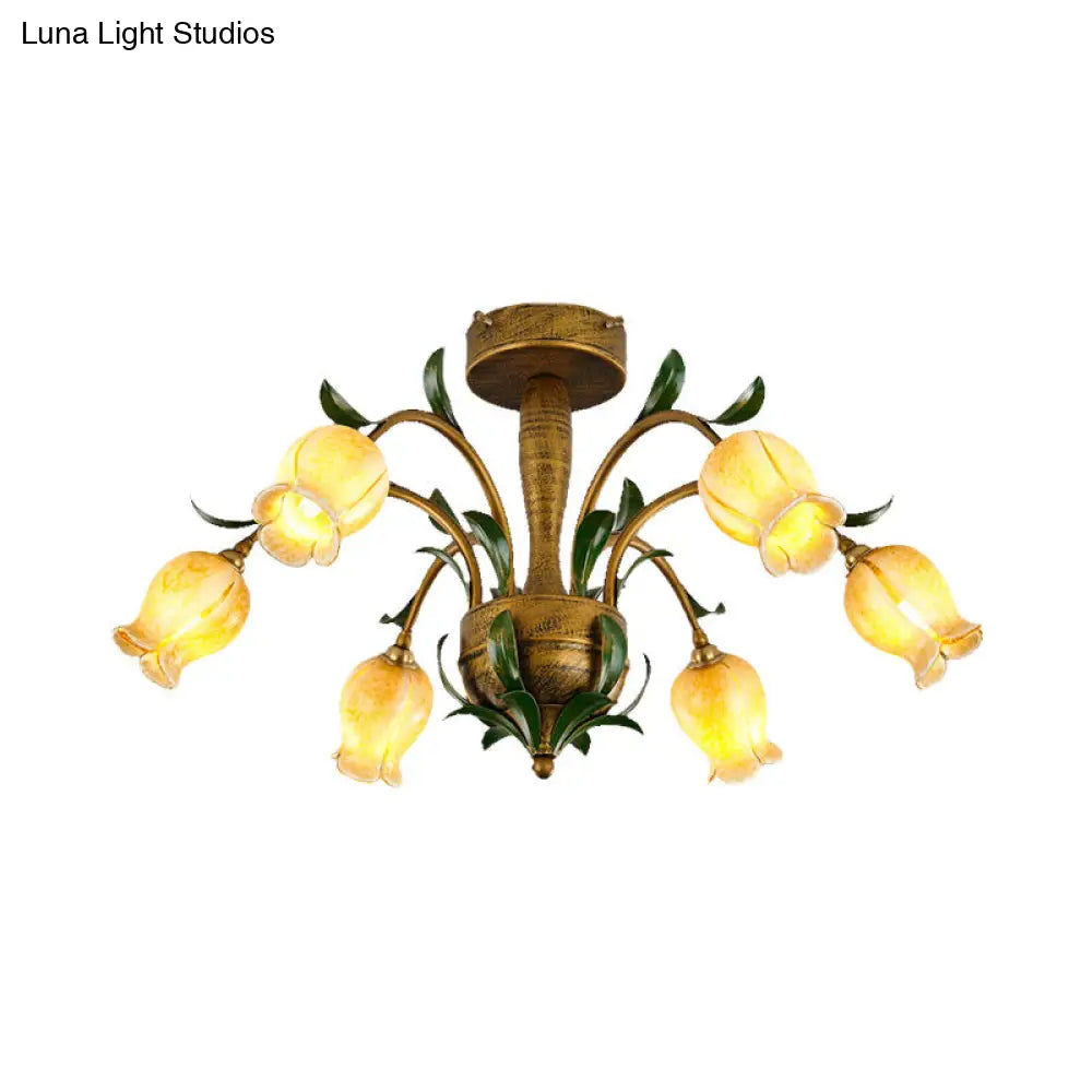 American Garden Metal Tulip Led Semi Flush Ceiling Light Fixture With Brass Finish - Ideal For