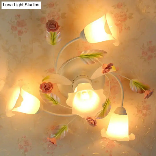 American Garden Swirl Living Room Semi Flush Light - Metal 4/7-Head White Lamp With Frosted Glass