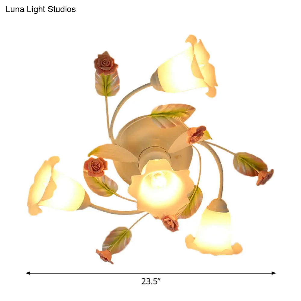 American Garden Swirl Living Room Semi Flush Light - Metal 4/7-Head White Lamp With Frosted Glass
