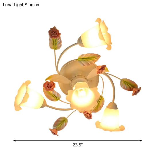 American Garden Swirl Living Room Semi Flush Light - Metal 4/7-Head White Lamp With Frosted Glass