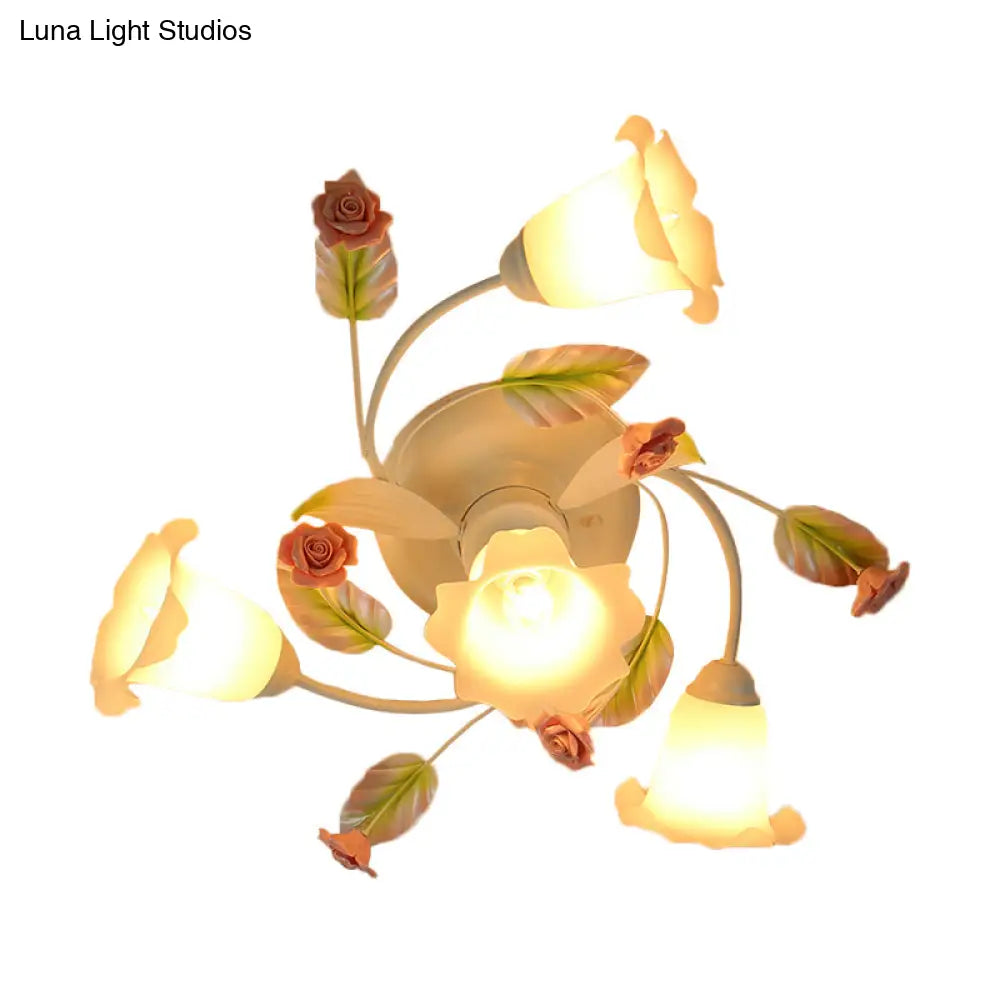 American Garden Swirl Living Room Semi Flush Light - Metal 4/7 - Head White Lamp With Frosted Glass