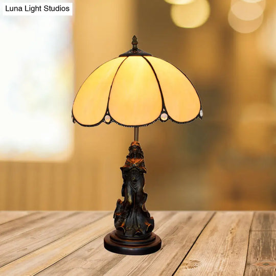 Yellow Glass Baroque Petals Nightstand Lamp With Carved Lady Base Single-Bulb Table Lighting