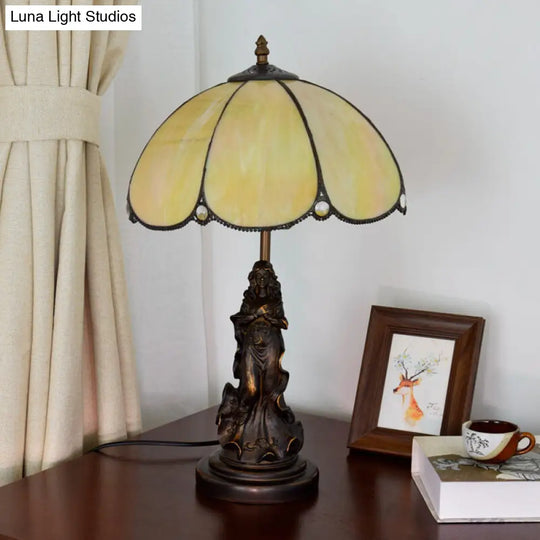 Yellow Glass Baroque Petals Nightstand Lamp With Carved Lady Base Single-Bulb Table Lighting