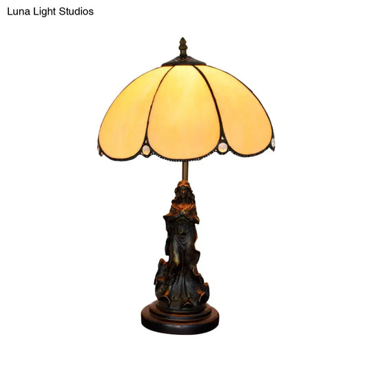 Yellow Glass Baroque Petals Nightstand Lamp With Carved Lady Base Single-Bulb Table Lighting