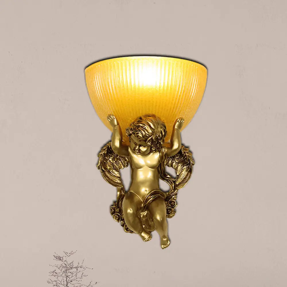 Angel Sconce Light Colony Metal Wall Lamp With Dome Amber Glass Shade White/Gold Left/Right Head