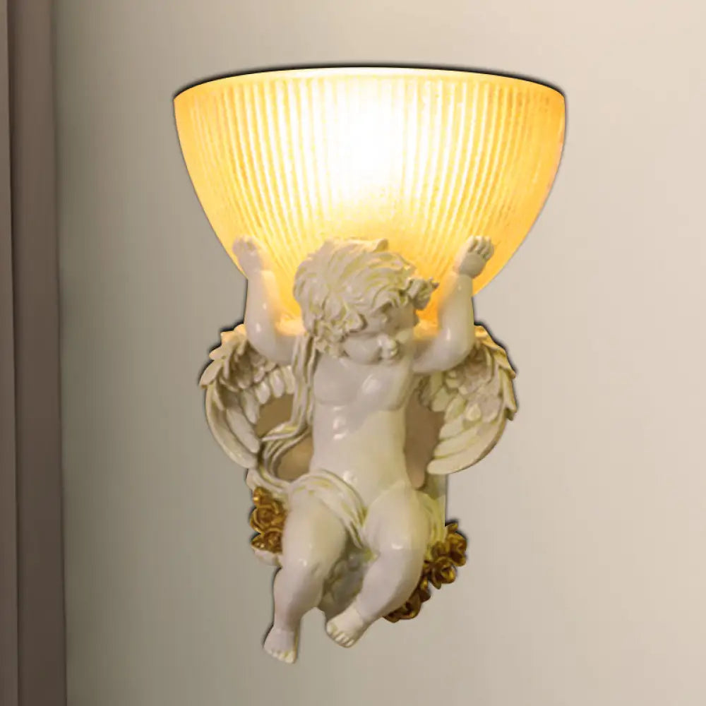 Angel Sconce Light Colony Metal Wall Lamp With Dome Amber Glass Shade White/Gold Left/Right Head