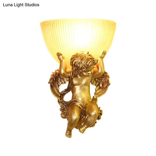 Angel Sconce Light Colony Metal Wall Lamp With Dome Amber Glass Shade White/Gold Left/Right Head