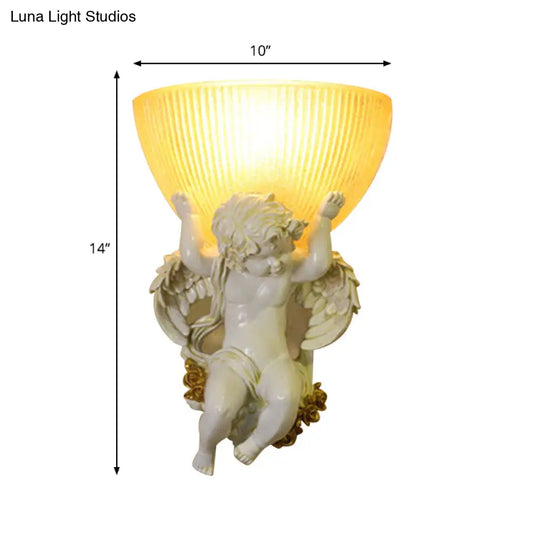 Angel Sconce Light Colony Metal Wall Lamp With Dome Amber Glass Shade White/Gold Left/Right Head