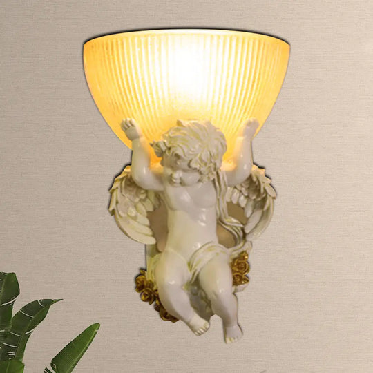 Angel Sconce Light Colony Metal Wall Lamp With Dome Amber Glass Shade White/Gold Left/Right Head