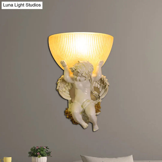 Angel Sconce Light Colony Metal Wall Lamp With Dome Amber Glass Shade White/Gold Left/Right Head