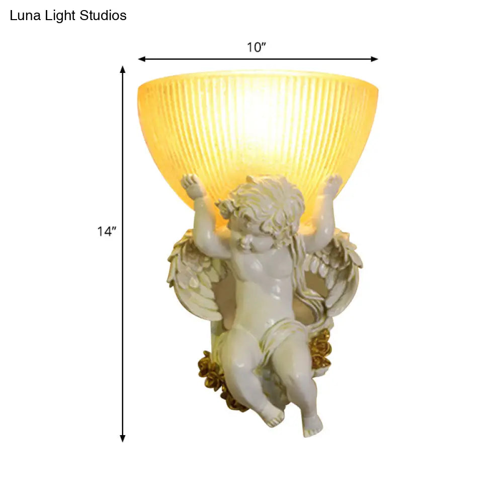 Angel Sconce Light Colony Metal Wall Lamp With Dome Amber Glass Shade White/Gold Left/Right Head