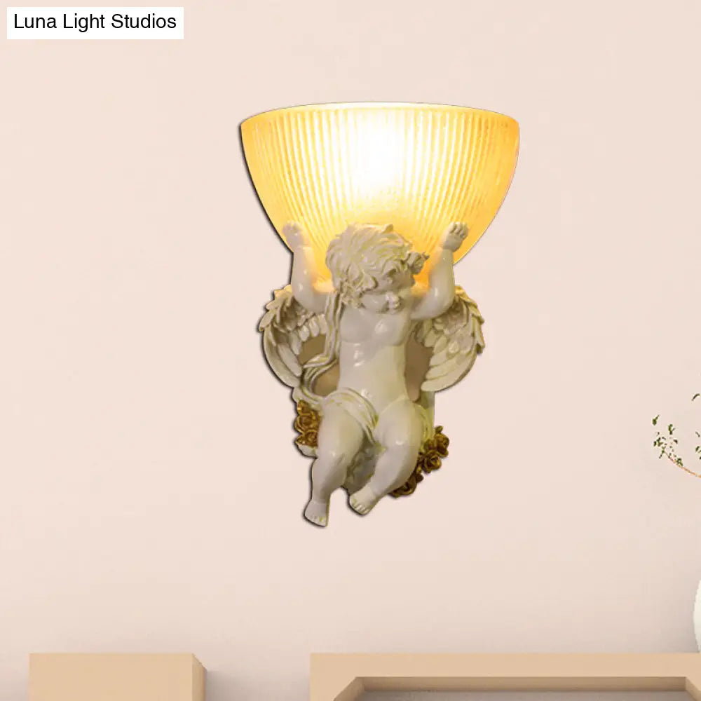 Angel Sconce Light Colony Metal Wall Lamp With Dome Amber Glass Shade White/Gold Left/Right Head