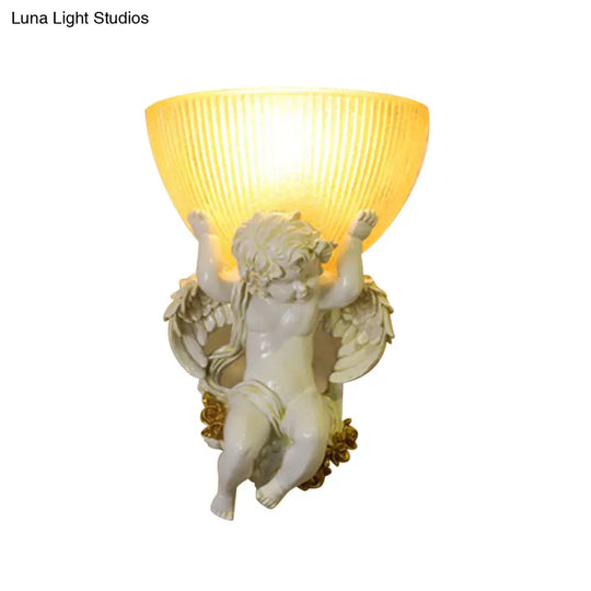 Angel Sconce Light Colony Metal Wall Lamp With Dome Amber Glass Shade White/Gold Left/Right Head