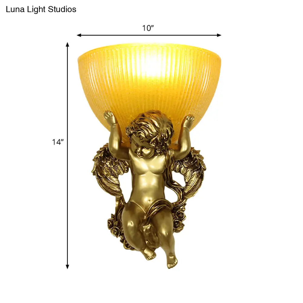 Angel Sconce Light Colony Metal Wall Lamp With Dome Amber Glass Shade White/Gold Left/Right Head