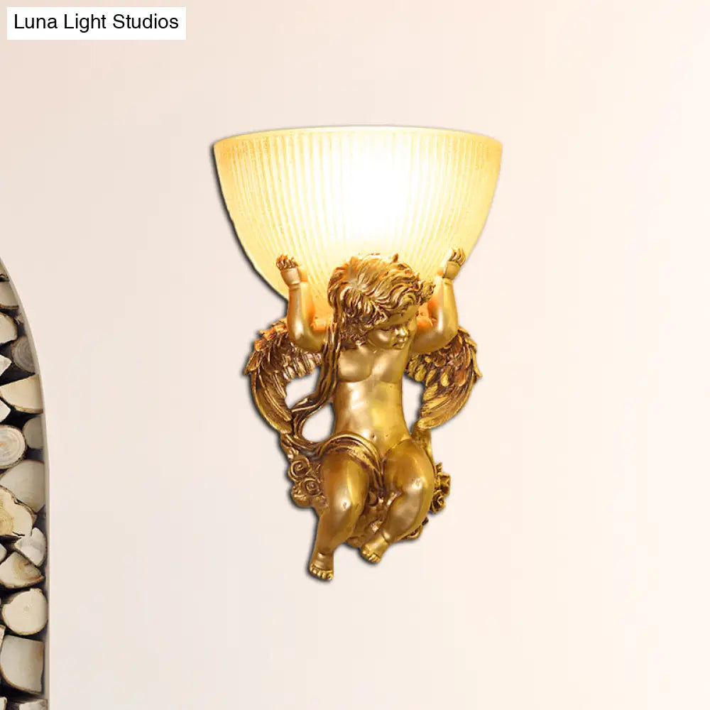 Angel Sconce Light Colony Metal Wall Lamp With Dome Amber Glass Shade White/Gold Left/Right Head