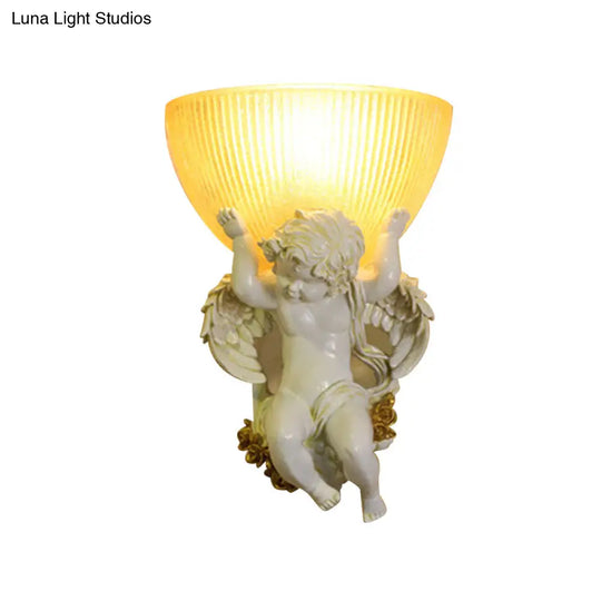 Angel Sconce Light Colony Metal Wall Lamp With Dome Amber Glass Shade White/Gold Left/Right Head