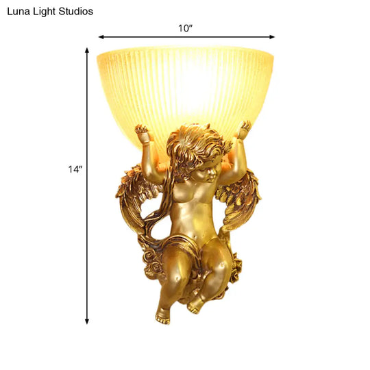 Angel Sconce Light Colony Metal Wall Lamp With Dome Amber Glass Shade White/Gold Left/Right Head