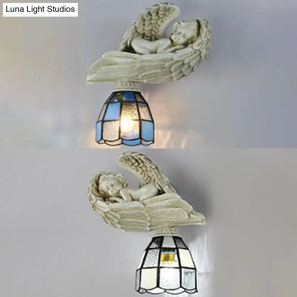 Angel Wall Sconce Light With Stained Glass Dome Shade - White/Blue