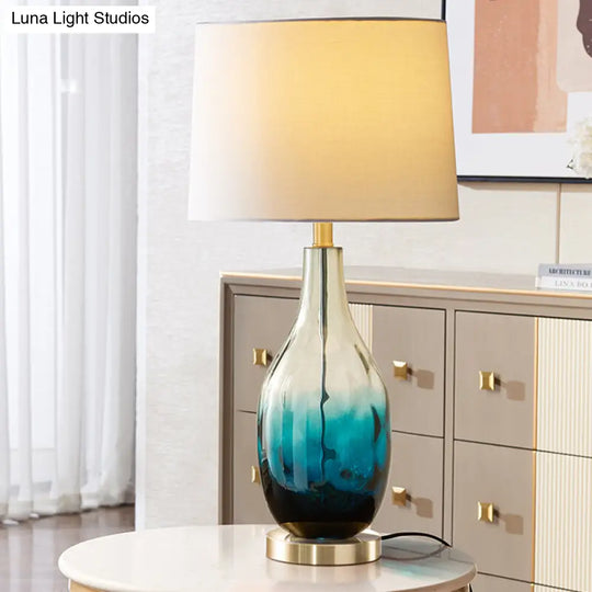 Contemporary Beige/Brown Drum Table Lamp With Blue Glass Base