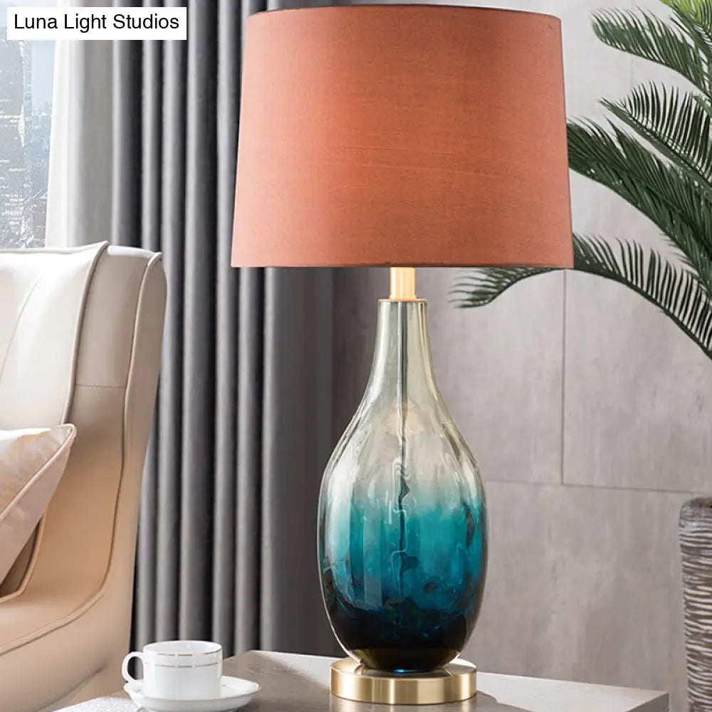 Contemporary Beige/Brown Drum Table Lamp With Blue Glass Base