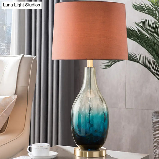 Contemporary Beige/Brown Drum Table Lamp With Blue Glass Base