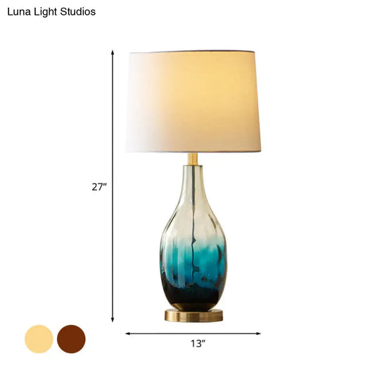 Contemporary Beige/Brown Drum Table Lamp With Blue Glass Base