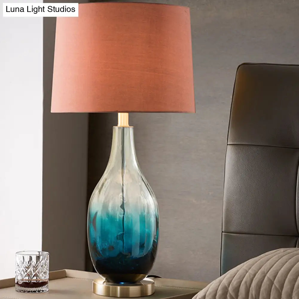 Contemporary Beige/Brown Drum Table Lamp With Blue Glass Base Brown