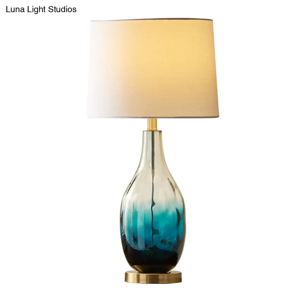 Contemporary Beige/Brown Drum Table Lamp With Blue Glass Base