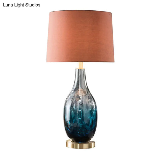 Contemporary Beige/Brown Drum Table Lamp With Blue Glass Base