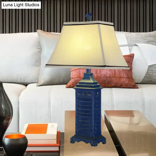 Retro White Fabric Pagoda Night Table Lamp With Dark Blue Pedestal - 1-Light Nightstand Light