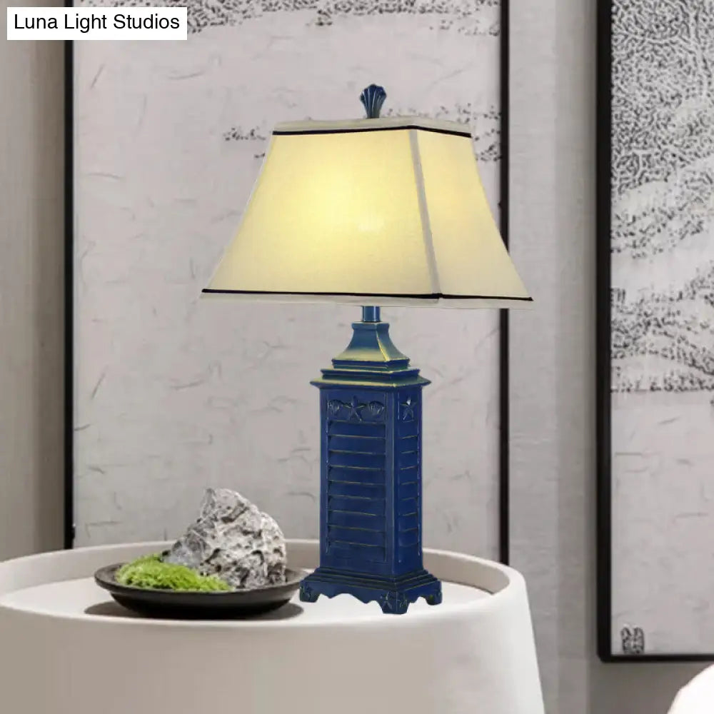 Retro White Fabric Pagoda Night Table Lamp With Dark Blue Pedestal - 1-Light Nightstand Light