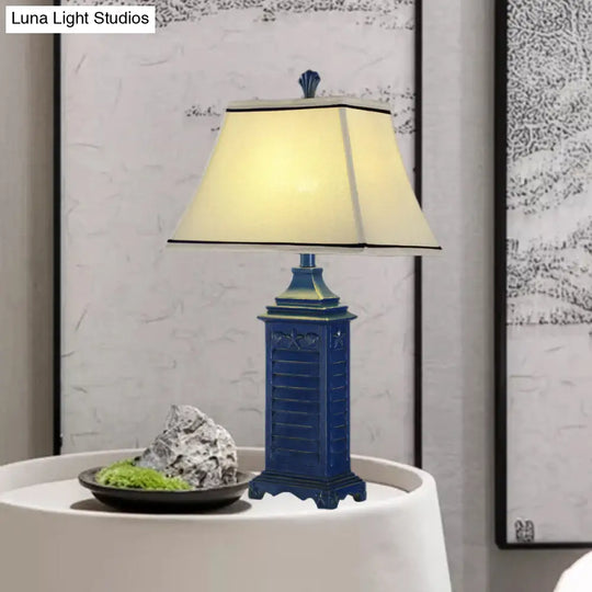 Retro White Fabric Pagoda Night Table Lamp With Dark Blue Pedestal - 1-Light Nightstand Light