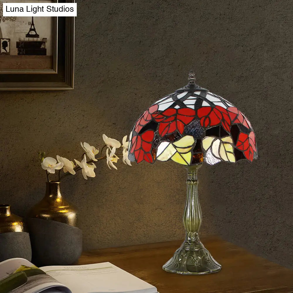 Victorian 1-Light Red/Brown Flower Patterned Cut Glass Table Lamp For Bedside Red