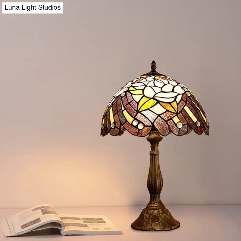 Victorian 1-Light Red/Brown Flower Patterned Cut Glass Table Lamp For Bedside