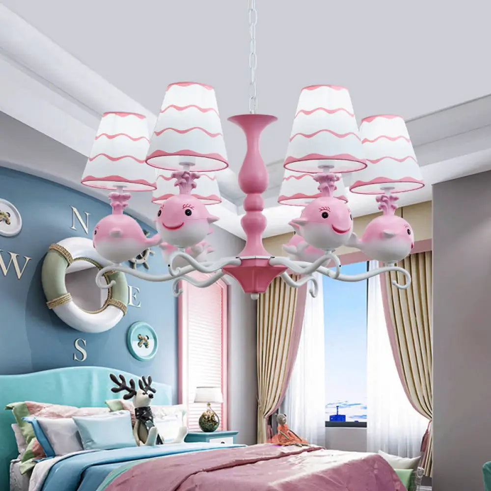 Animal Fabric Hanging Chandelier: Designer Tapered Shade Ceiling Lamp With 6 Lights For Bedroom Pink