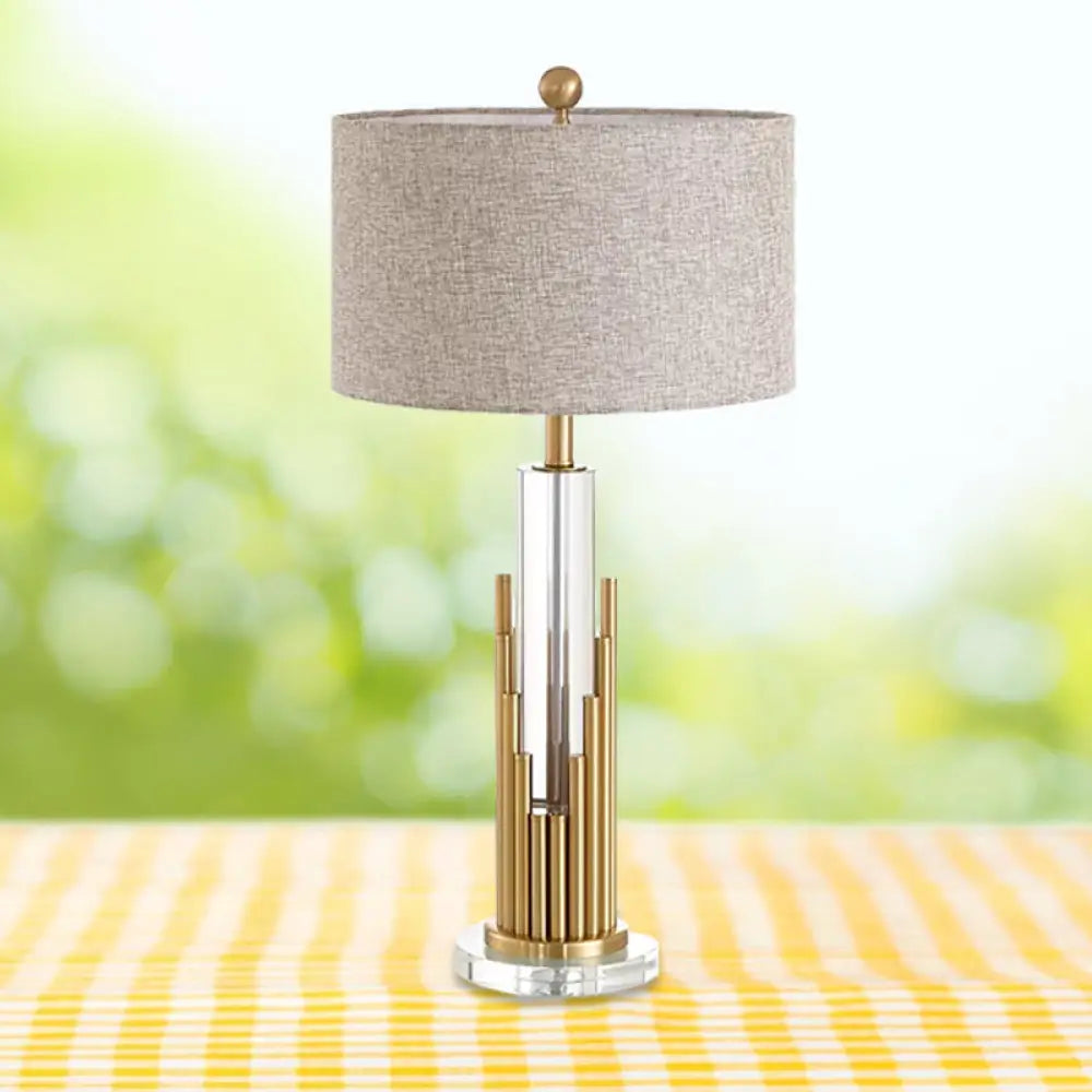 Ankaa - Modernist Round Shade Fabric Night Light 1 Head Flaxen Table Lamp With Gold Fluted Base