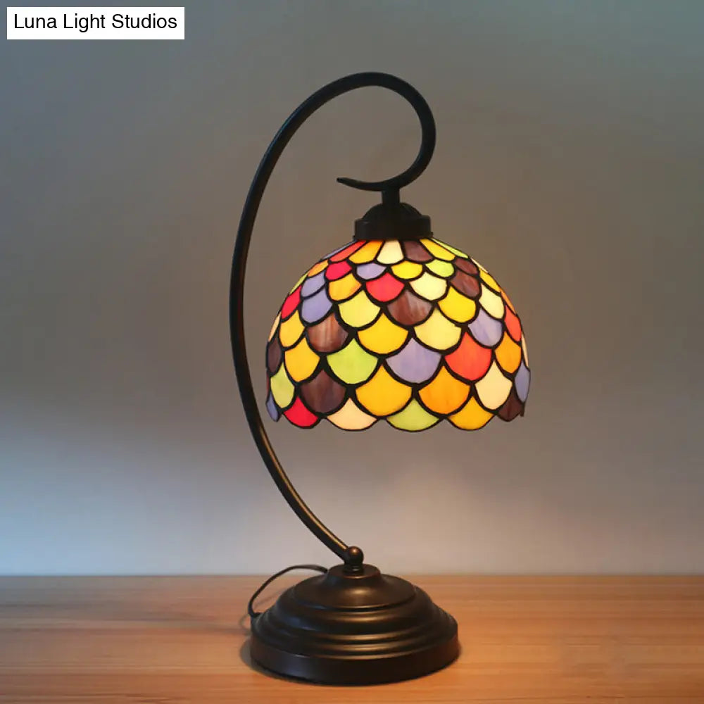 Tiffany Stained Glass Nightstand Lamp - Bronze Dome Shape With Fishscale Pattern