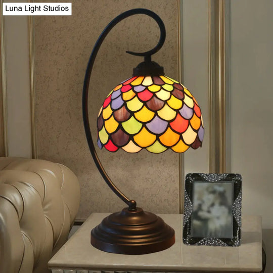 Tiffany Stained Glass Nightstand Lamp - Bronze Dome Shape With Fishscale Pattern