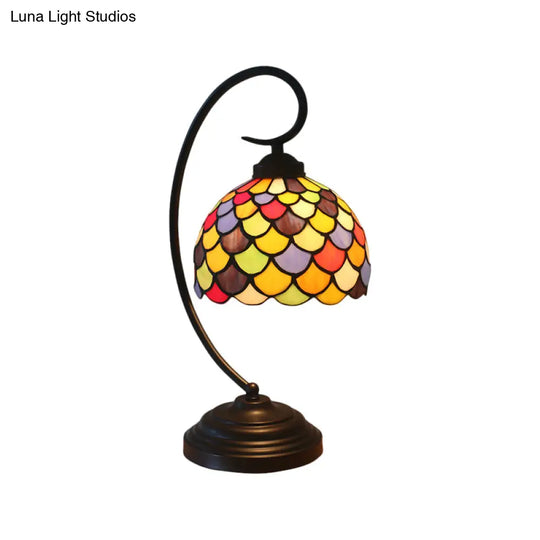 Anna - Tiffany Bronze Dome Shaped Night Table Light 1 Stained Glass Nightstand Lamp With Fishscale