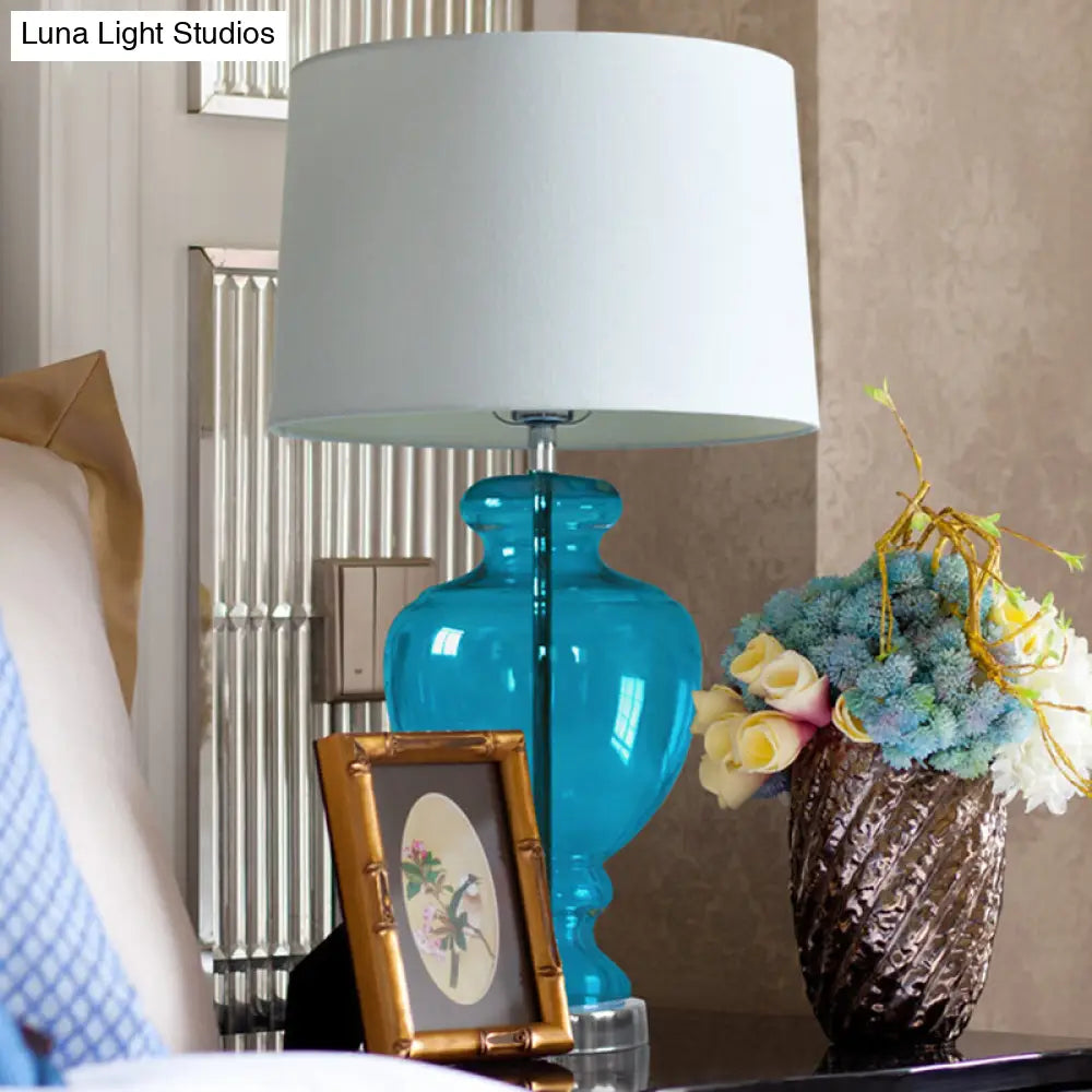 Retro Bedroom Lamp With Blue Glass Base And Fabric Shade - Head Table Lighting