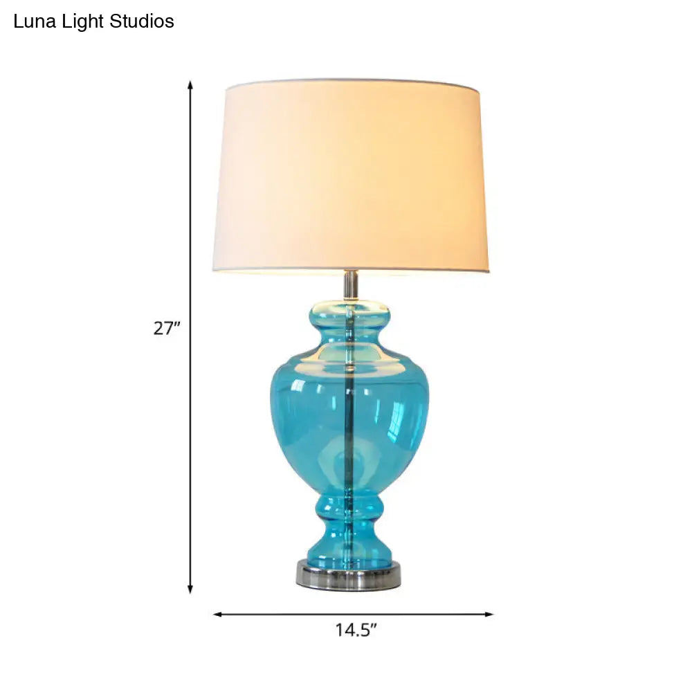 Retro Bedroom Lamp With Blue Glass Base And Fabric Shade - Head Table Lighting