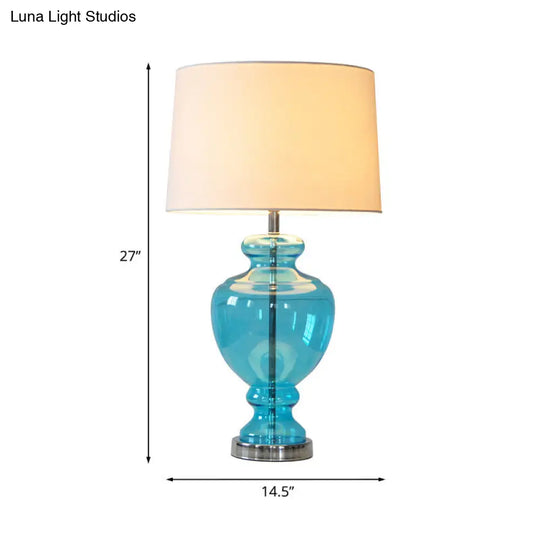 Retro Bedroom Lamp With Blue Glass Base And Fabric Shade - Head Table Lighting