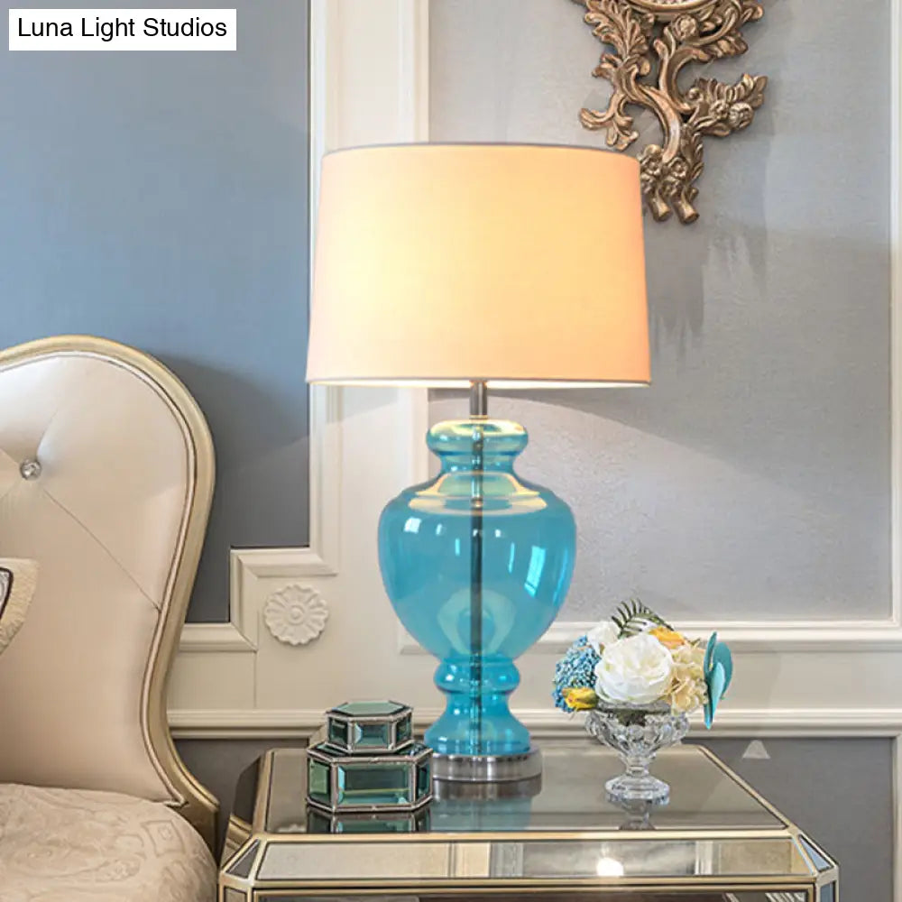 Annamaria - Retro 1 Head Table Lighting Bedroom Nightstand Lamp With Urn Blue Glass Base And Drum