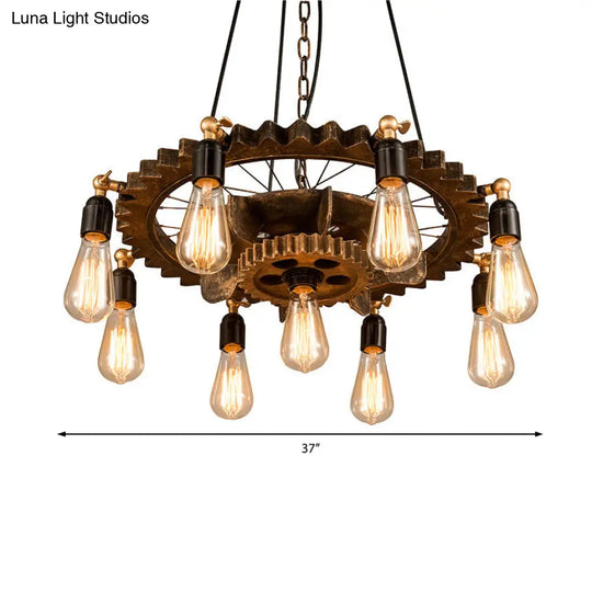 Antique 2-Tier Restaurant Chandelier With 9 Bulbs And Rustic Suspended Fixture