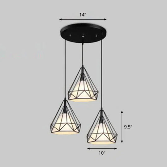 Antique 3-Head Fabric Conical Hanging Light: Stylish Dining Room Pendant With Diamond Cage White /