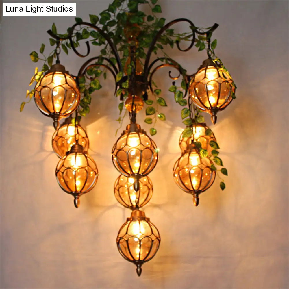 Antique Amber Glass Chandelier With Brass Finish - Perfect For Dining Room Lighting (5/9 Lights)