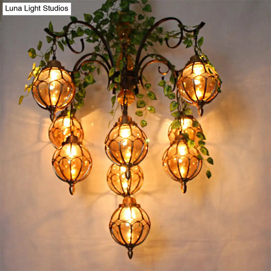 Antique Amber Glass Brass Chandelier - 5/9 Lights Elegant Dining Room Lighting