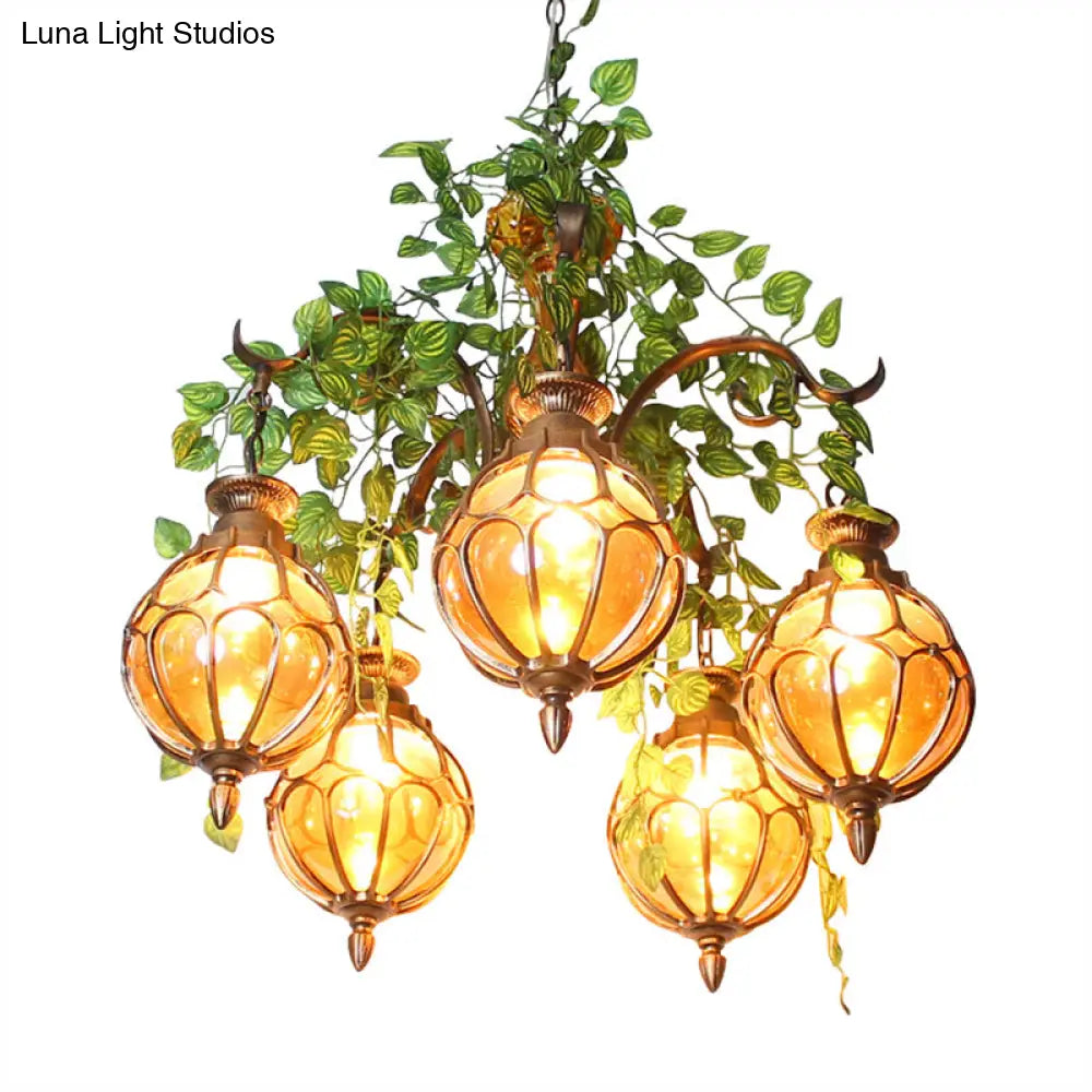 Antique Amber Glass Chandelier With Brass Finish - Perfect For Dining Room Lighting (5/9 Lights)