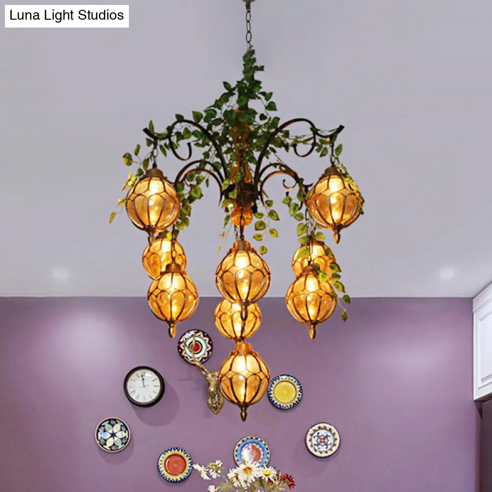 Antique Amber Glass Chandelier With Brass Finish - Perfect For Dining Room Lighting (5/9 Lights)