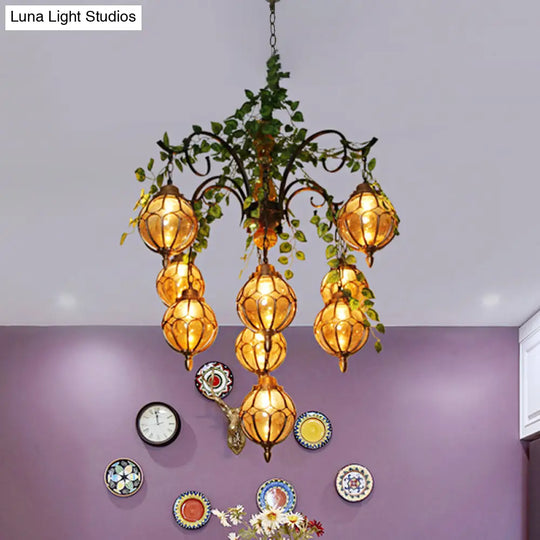 Antique Amber Glass Chandelier With Brass Finish - Perfect For Dining Room Lighting (5/9 Lights)